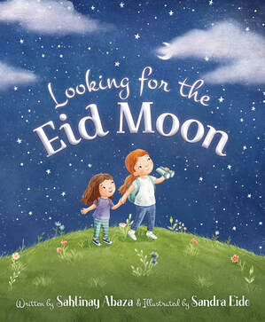Image of the cover of Looking for the Eid Moon, two girls are on a grassy hill with the older  looking girl holding binoculars 