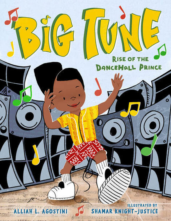Alt Text: The book cover of BIG TUNE: Rise of the Dancehall Prince. Illustration of the protagonist dancing wearing a bright yellow shirt with musical notes and patterned red shorts. Black and grey speakers are in the background. The title of BIG TUNE is bold in yellow text. 